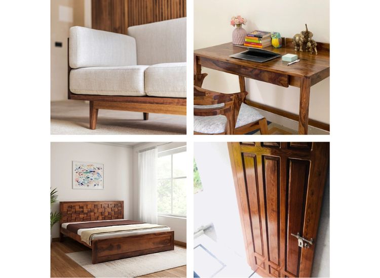 Variety of Sheesham wood furniture types displayed, including tables, sofa, bed and door, highlighting their craftsmanship and natural beauty.
