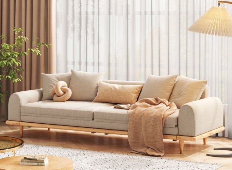 Elegant rubberwood sofa set featuring off-white and yellowish hues, blending style and comfort for a chic living space.