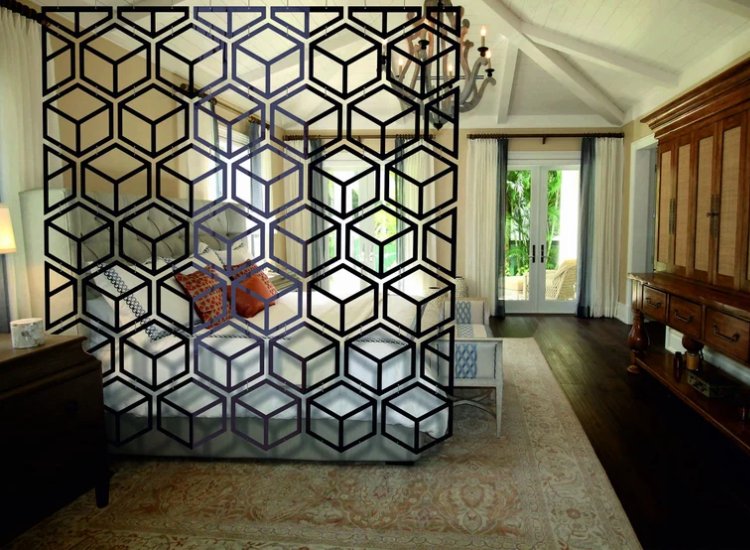 Acrylic partition design featuring cubic and hexagonal patterns, adding a modern and artistic flair while enhancing spatial separation.