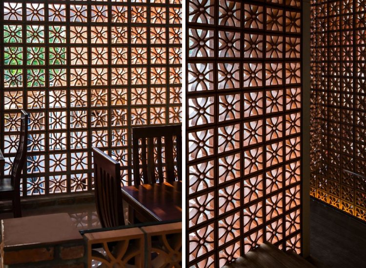 Terracotta partition design, showcasing earthy tones and textures that add warmth and a rustic charm to the living space.