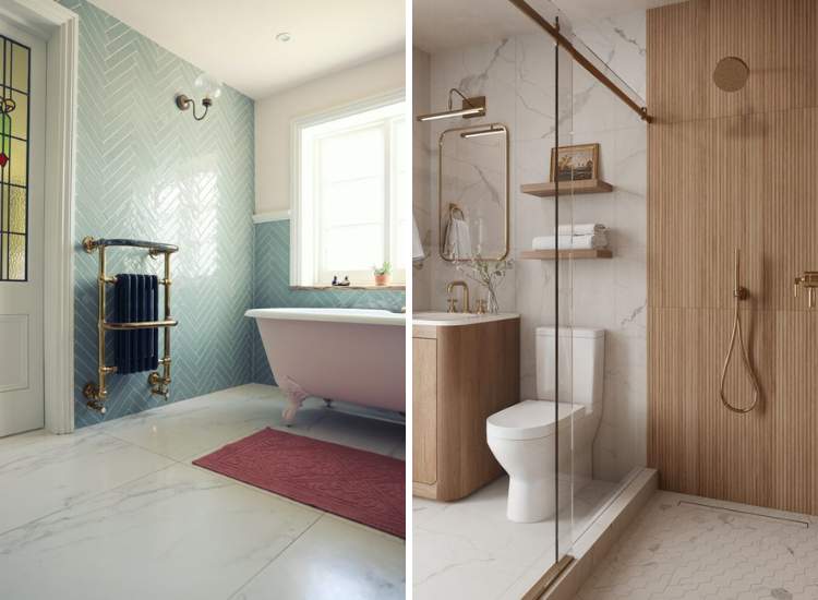 A bathroom with a pink bathtub and porcelain tiles offering a serene and colorful space for relaxation