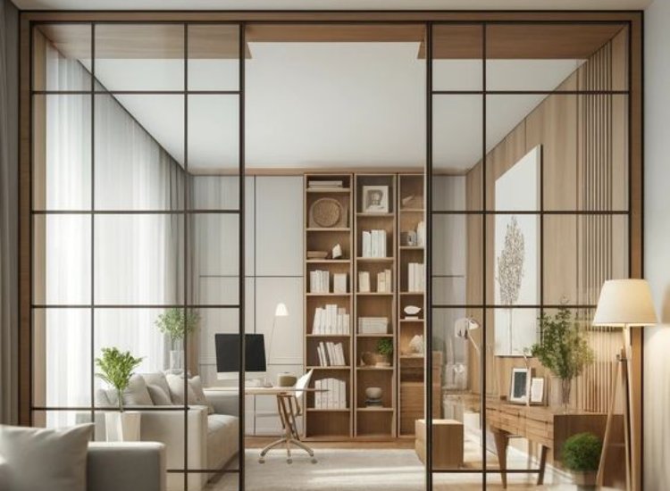 Glass partition design in the living room, creating an airy, open ambiance while providing separation and maintaining natural light.