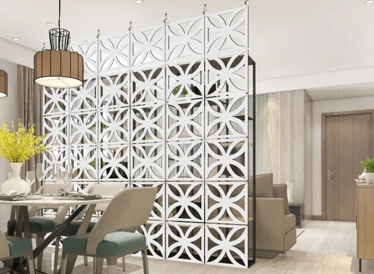 Elegant hanging PVC partition design, providing stylish separation while maintaining an open feel and enhancing the room's aesthetics.
