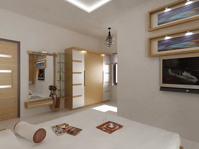 Bungalow Guest room Interior with wardrobe and dressing unit