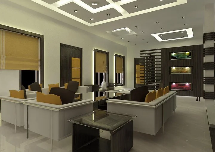 Bungalow Living room with office space interior design