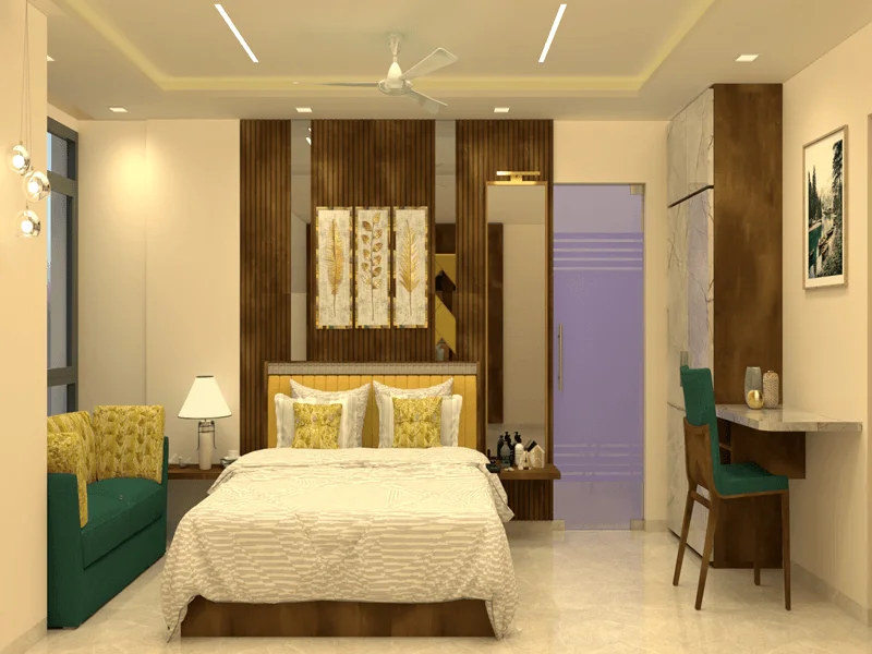Hotel Room Interior Design with Bed paneling Design and Toilet behind