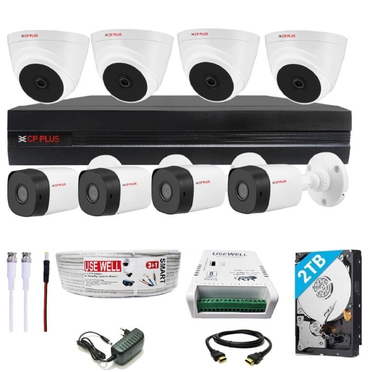 CP PLUS Full HD 8 Channel DVR with 2.4 MP 4 Dome & 4 Bullet Cameras + 2 TB HDD + (3+1) Cable roll