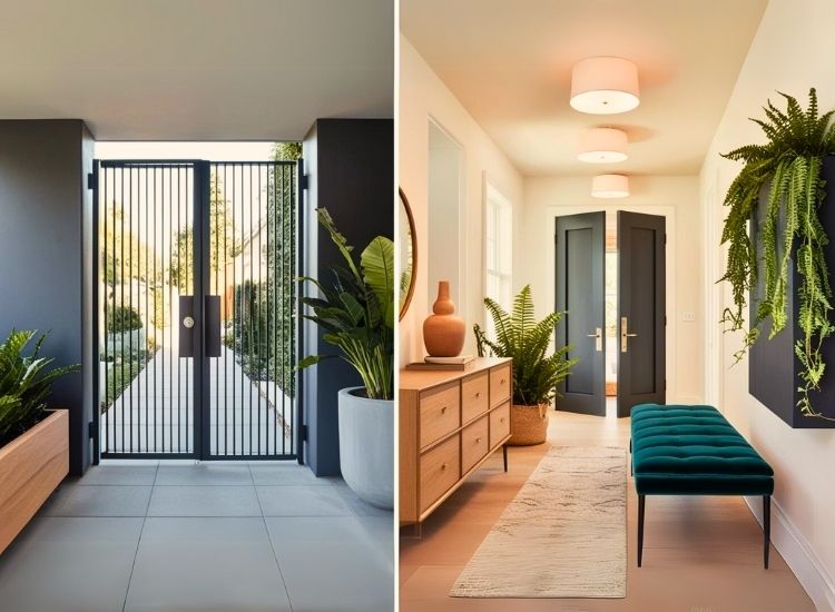Stylish house entrance with eye-catching gate and entryway decor that enhances curb appeal and character.