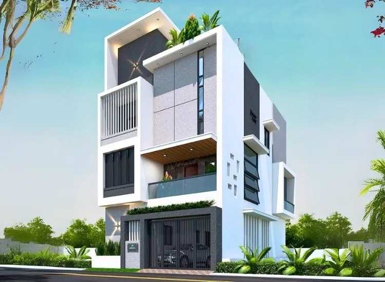 "South facing house with vastu-compliant design showcasing smart elevation and energy-efficient layout, ideal for modern living"
