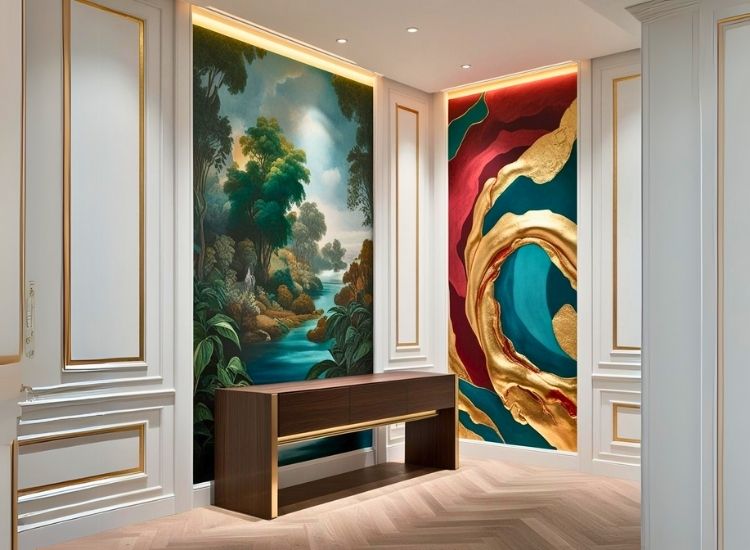Custom wall mural enhancing foyer entrance design, adding a personalized touch to entryway decor and hallway wall design.