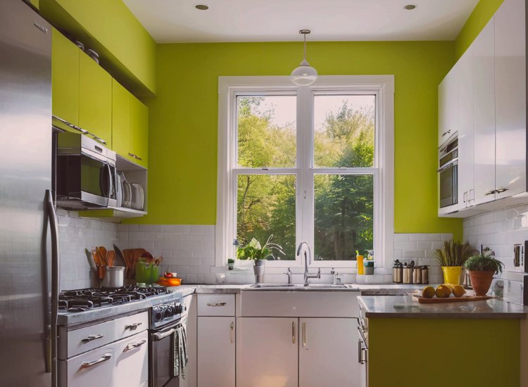 Lime green kitchen walls creating a moody vibe, adding an energetic touch while maintaining a unique and stylish atmosphere.