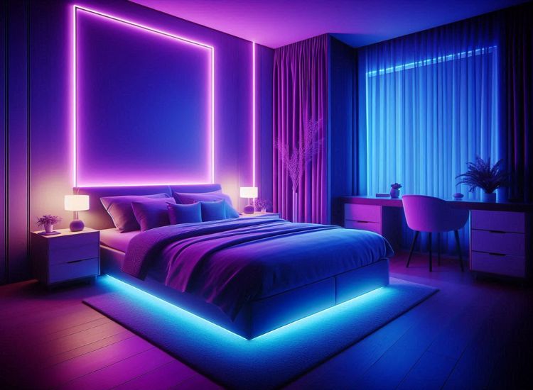 Living Room With Sleek Tv Unit And Purple Mood Lighting Creating A Relaxing Atmosphere With Modern Technology