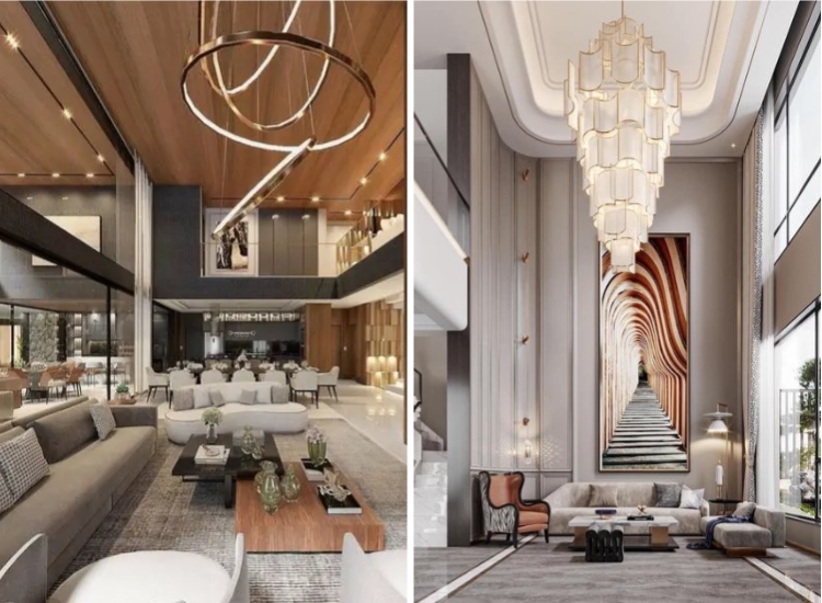 Sleek modern chandeliers in double-height living rooms, adding a touch of elegance and sophistication to the airy space.