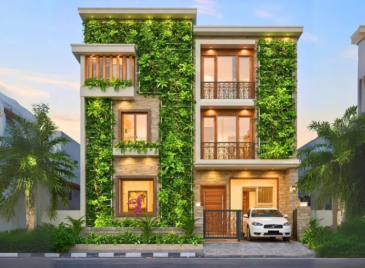 Embrace sustainability with a vertical garden facade! A refreshing house front design blending greenery with modern front elevation aesthetics.