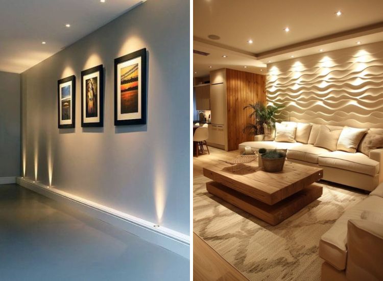A Living Room With Modern Warm Accent Lighting Features A Wall Adorned With Paintings, Highlighted By Carefully Placed Accent Lights