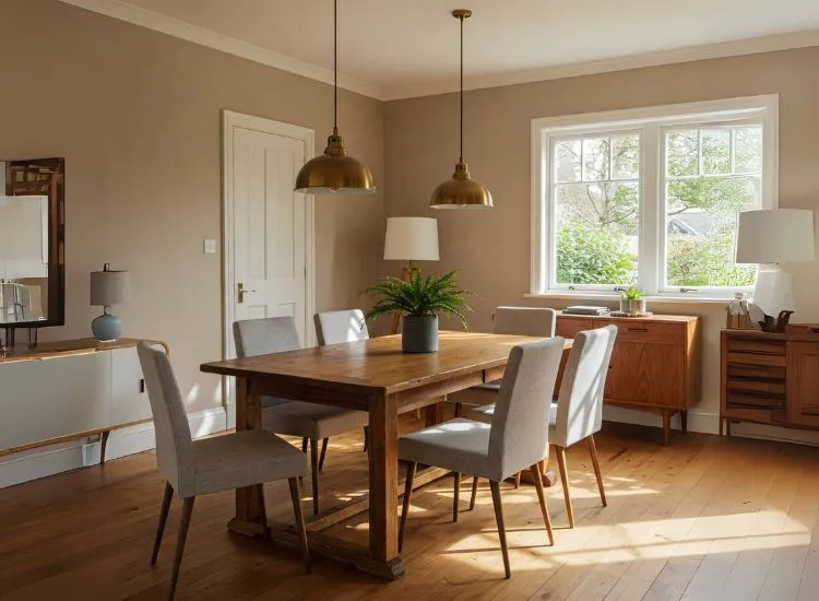 Family bungalow interior blending mid-century charm with modern flair, showcasing a designer’s seamless approach to merging design eras.