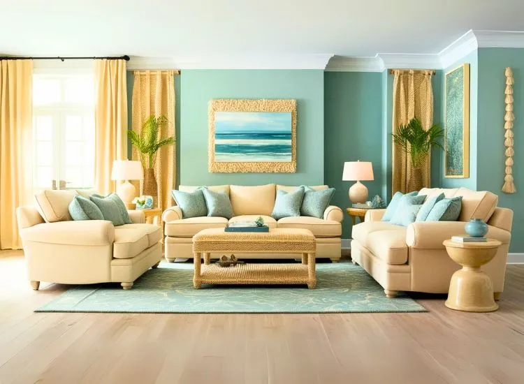 Living room design idea with ocean-inspired colors, breezy curtains, and a decor vibe so relaxing, you might start hearing the sound of waves.