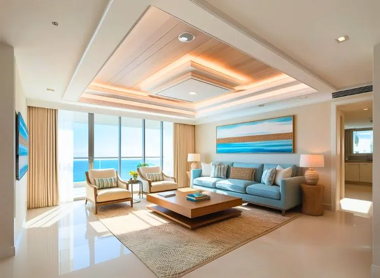 Living room design idea with light tones, beach-inspired decor, and a cozy sofa that feels like the perfect spot to watch the sunset—indoors.