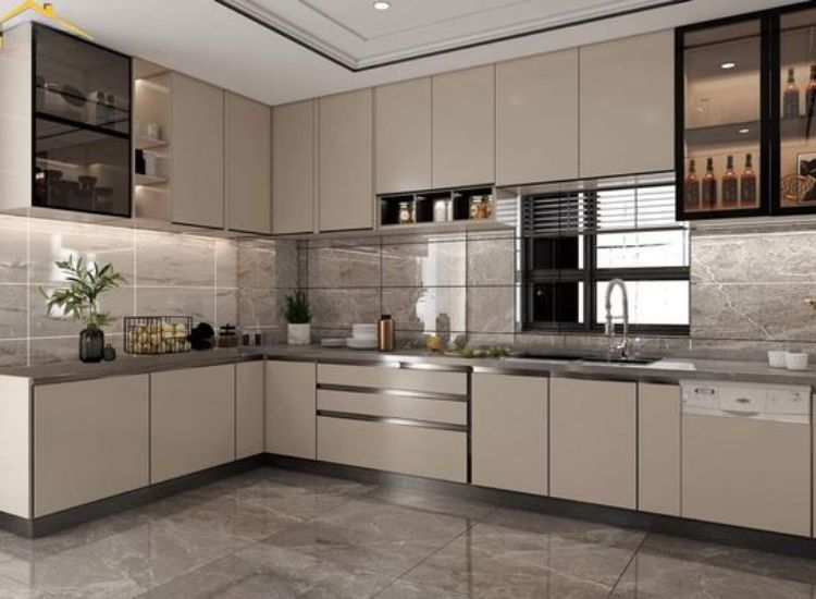 Open kitchen layout featuring designated space for countertop design, optimizing workflow and aesthetics in a functional cooking area.