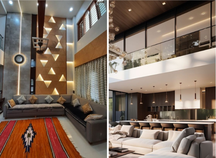 Innovative lighting design patterns in double-height living rooms, creating captivating visual effects and enhancing the ambiance.