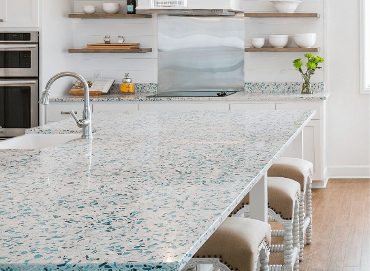 White and turquoise recycled glass kitchen countertop with sink and tap