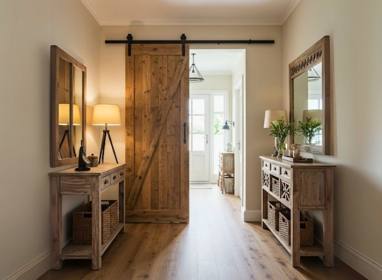 Sliding barn-style partition door adding rustic charm to foyer entrance design, creating an elegant entryway space divider.