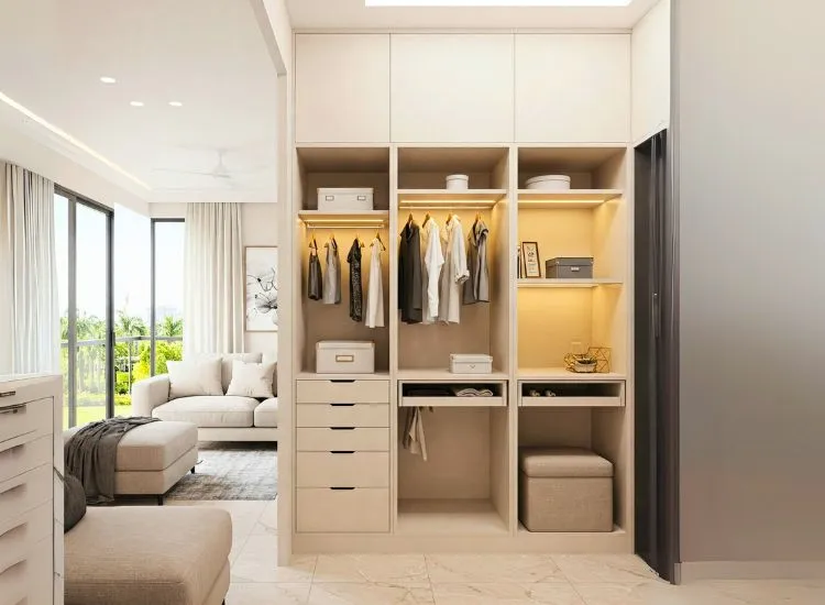 Design a 2BHK house plan with a walk-in closet, offering extra storage, modern aesthetics, and a smart layout for organized living.