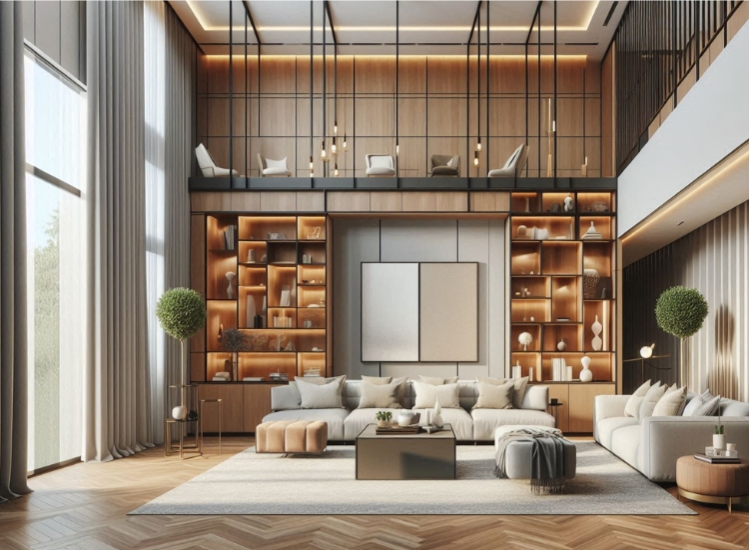 Creative bookshelf storage solution in a double-height living room, maximizing vertical space while adding style and functionality.