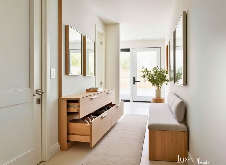 Hidden shoe storage solution for foyer entrance design, maximizing entryway space and keeping the hallway neat and organized.