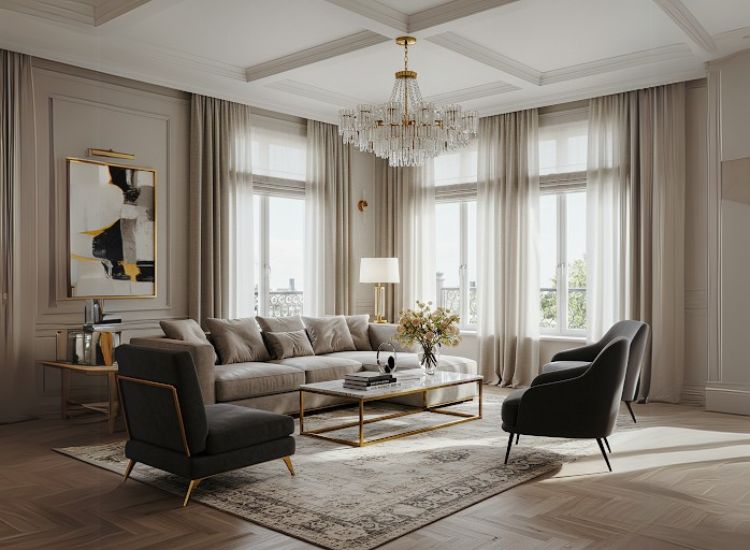 Living room decorating idea with rich, timeless furniture, classic patterns, and a vibe so regal, even the curtains have crowns.