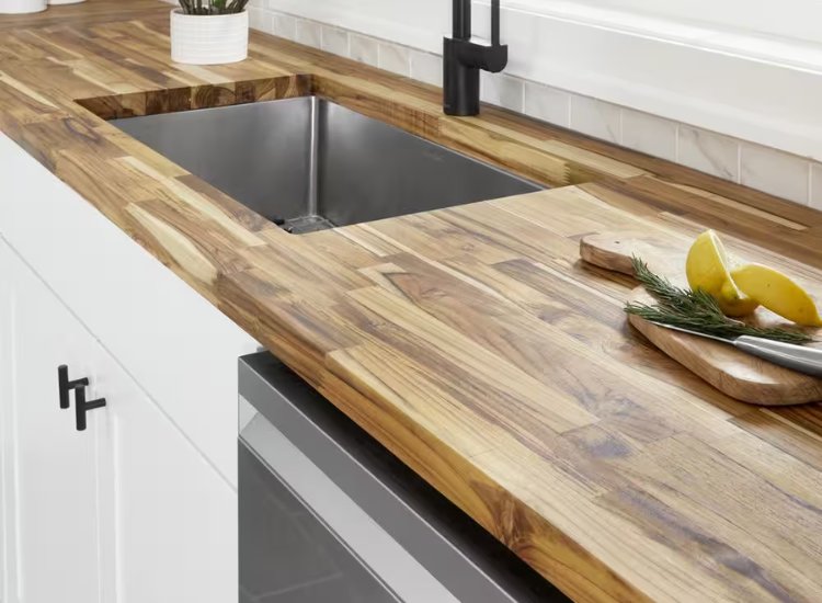 Wooden butcher block countertop in the kitchen with sink and tap