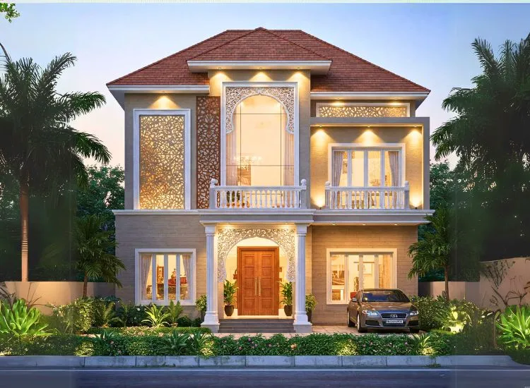 Explore a perfect blend of contemporary design with traditional accents! A stunning house front elevation combining modern style with classic elegance.