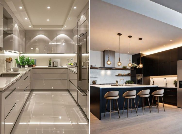 Varied kitchen lighting solutions tailored for different layouts, enhancing ambiance and functionality in both open and compact spaces.