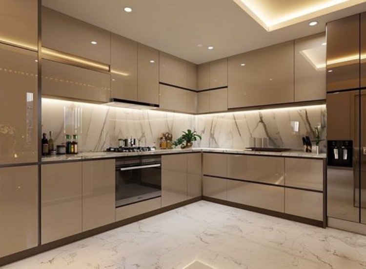 Modern kitchen featuring an L-shaped design, combining style and functionality with ample counter space and smart storage solutions.