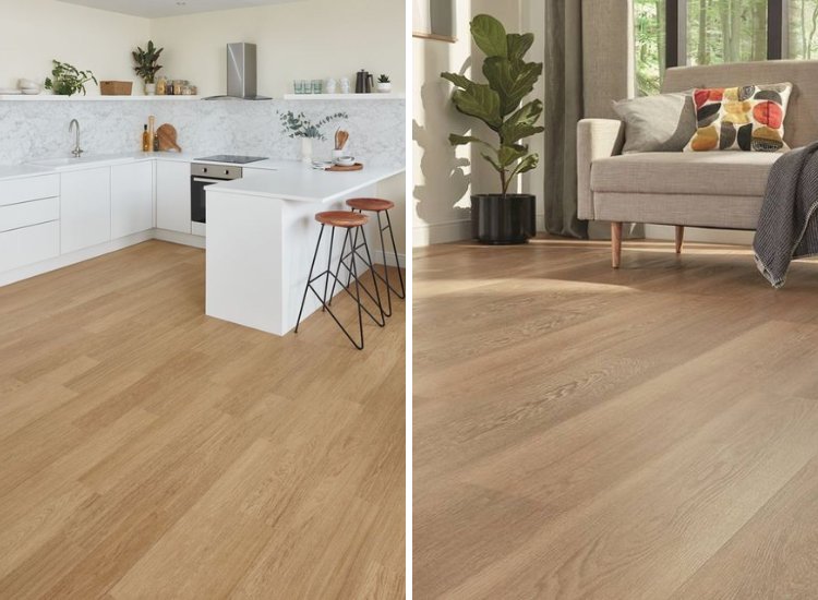 Durable vinyl tile flooring with a wood finish, adding warmth and texture to the living room while offering a modern, easy-care option.