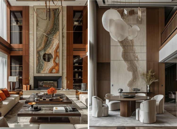 Warm wooden wall finishes in a double-height living room, adding natural beauty and texture to the spacious, inviting atmosphere.