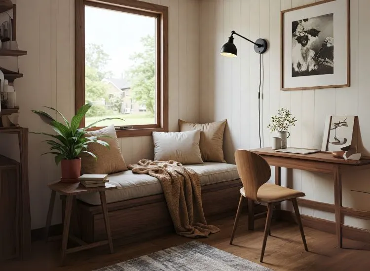 Thoughtfully designed bungalow space with a cozy reading nook and efficient workspace, blending comfort with practical functionality.