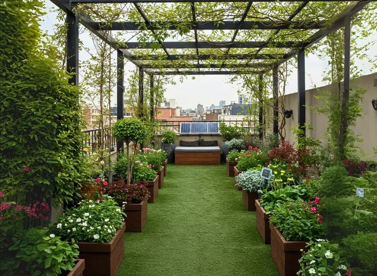 Design a 2BHK house plan with a terrace garden, creating a green living space that blends nature, modern aesthetics, and sustainable living.