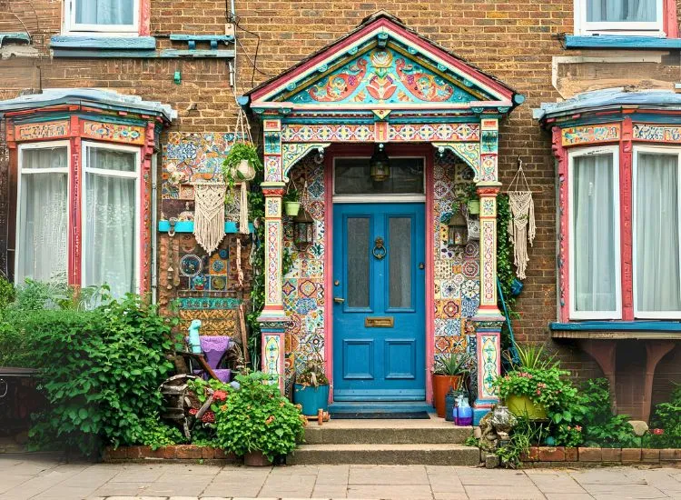 Embrace free-spirited charm with a Bohemian-style front design! A vibrant house front elevation blending eclectic patterns, colors, and textures.