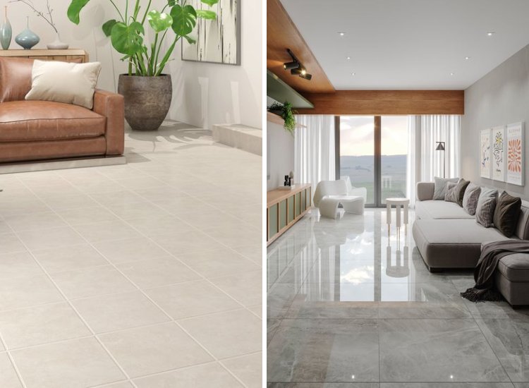 Sleek ceramic flooring in a living room, showcasing a polished finish and elegant design, combining style with easy maintenance.