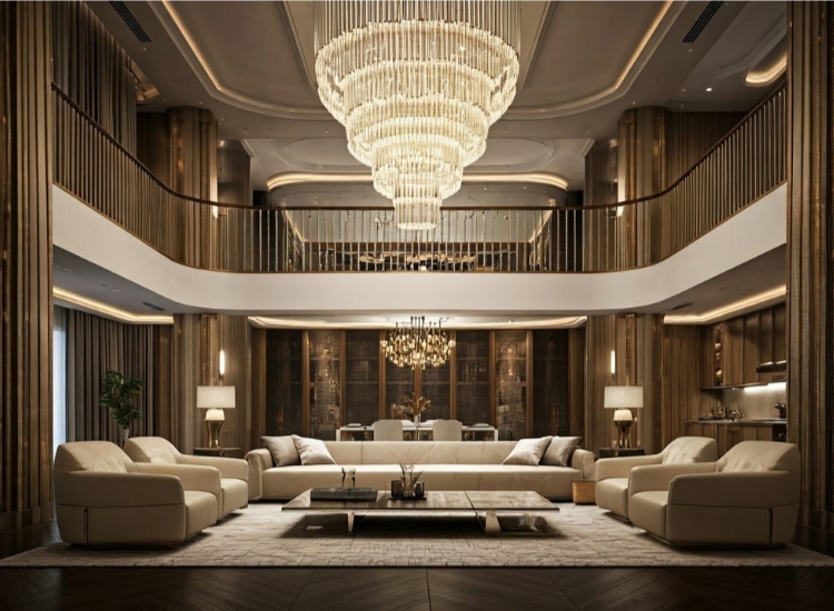 Stunning chandelier illuminating the entire double-height living room, enhancing elegance and creating a captivating focal point.