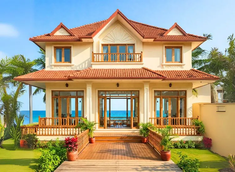 Experience breezy elegance with a coastal home front design! Light tones, airy aesthetics, and a serene front elevation inspired by the sea.