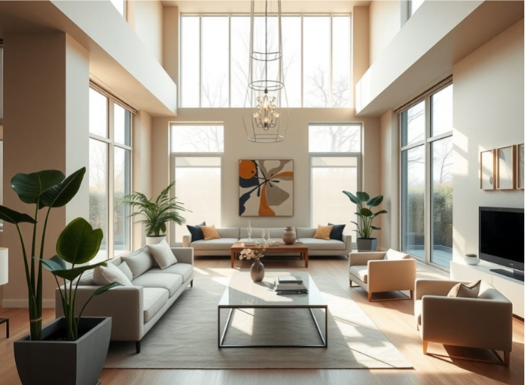 Vibrant double-height living room adorned with lush plants, adding a touch of nature and freshness to the spacious interior.