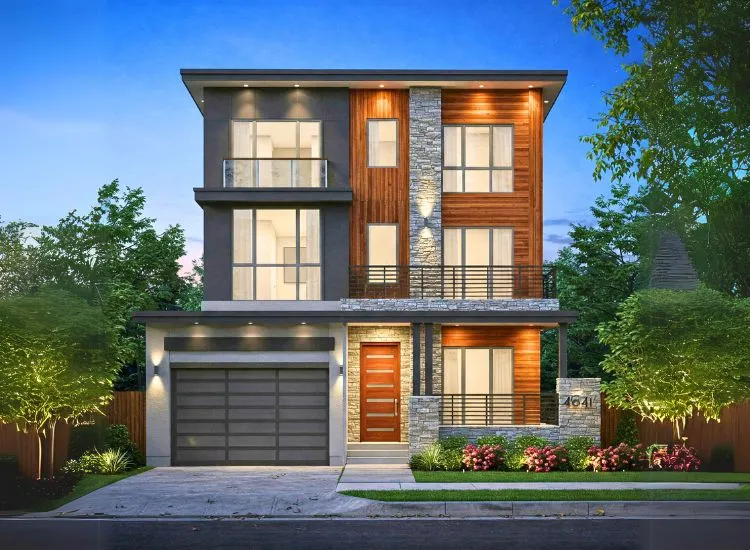 Upgrade your home's elevation with mixed-texture exteriors! Blend materials like wood, stone, and glass for a stylish and modern two-floor design.