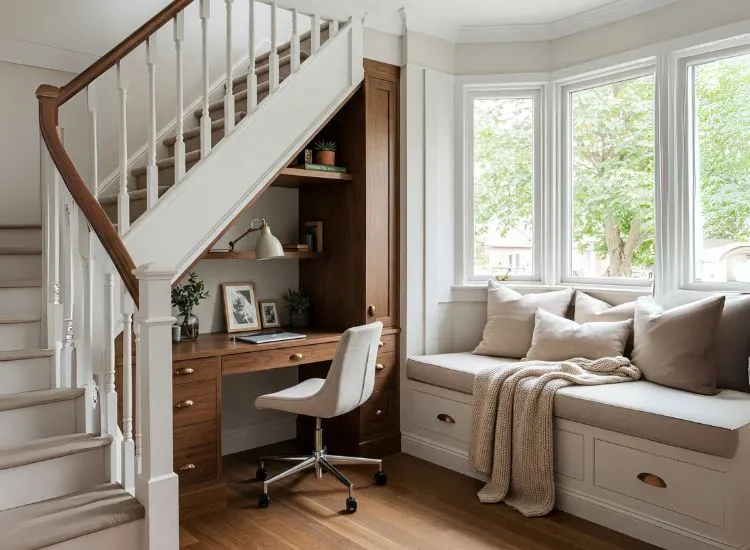 Bungalow interiors showcasing smart under-stair storage and cozy bay window seating, maximizing space with stylish, functional design.