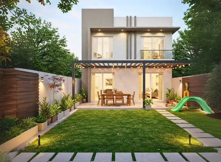 Design a 2BHK house plan with a backyard, creating a private retreat with green space, relaxation areas, and a modern, cozy ambiance.