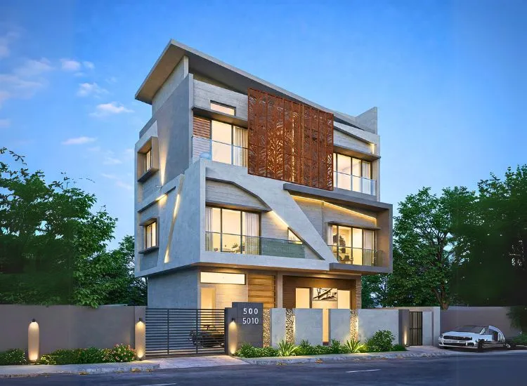 Enhance your two-floor home with geometric and asymmetrical shapes! Create a bold, modern elevation with unique and dynamic design elements.