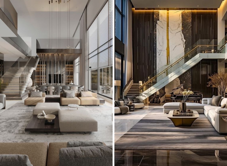 Sleek modern staircase design in a double-height living room, complementing the spaciousness and enhancing the contemporary aesthetic.