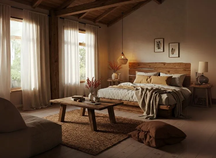 Bungalow interior layered with natural materials like jute rugs, linen fabrics, and raw wood accents, creating a warm, earthy aesthetic.