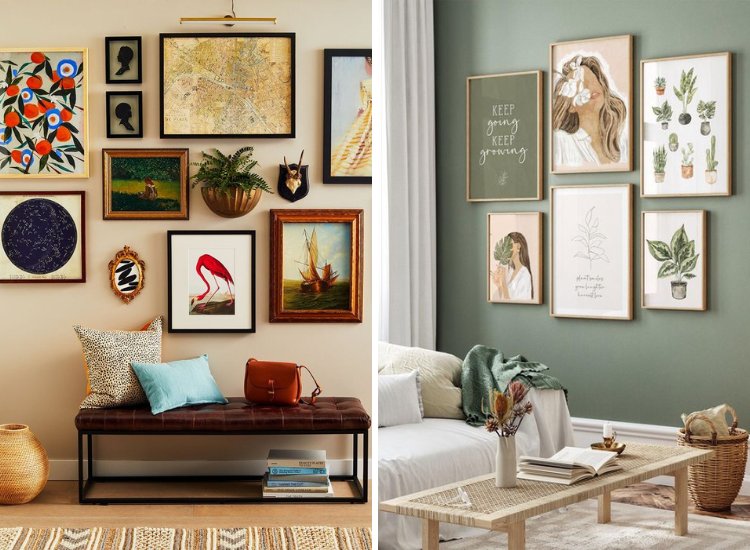 Vibrant artistic wall gallery showcasing an array of framed pictures and unique wall hangings, adding personality and creativity to the living room.